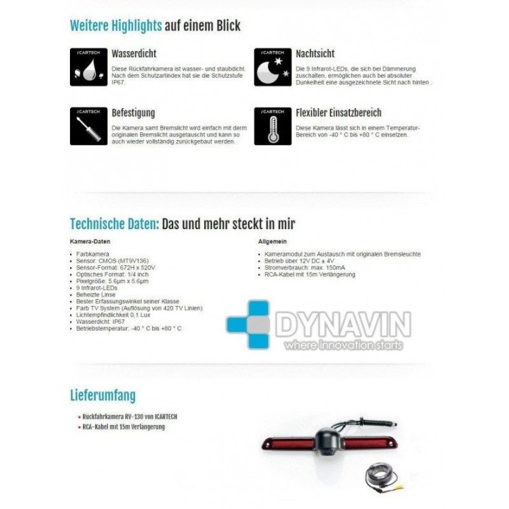 DYNAVIN-MERCEDES SPRINTER y VW CRAFTER - LUZ DE FRENO SUPERIOR. CÁMARA TRASERA DE APARCAMIENTO. A TODO COLOR