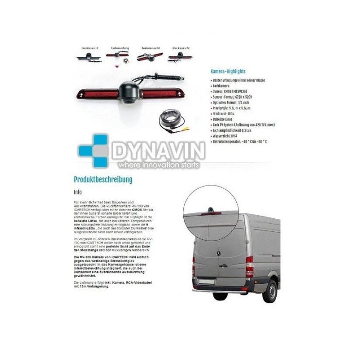 DYNAVIN-MERCEDES SPRINTER y VW CRAFTER - LUZ DE FRENO SUPERIOR. CÁMARA TRASERA DE APARCAMIENTO. A TODO COLOR